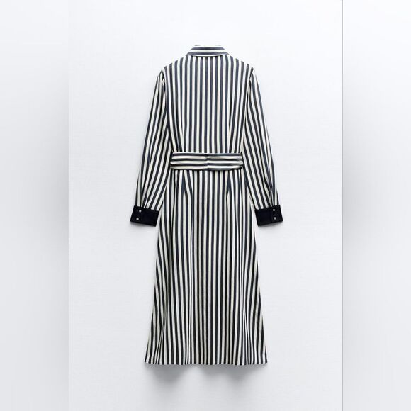 BLOGGER'S FAVE!  Zara PRINTED MIDI SHIRT DRESS stripes maxi dress navy blue - Picture 10 of 13